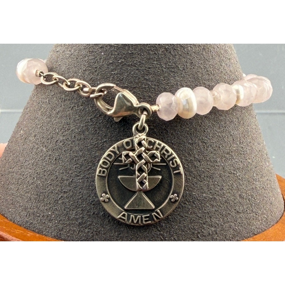 Vintage Communion Bracelet Rose Quartz Pearls Sterling Silver Cross Charm 7"